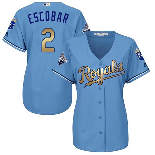 Royals #2 Alcides Escobar Light Blue Women's 2015 World Series Champions Gold Program Cool Base Stitched MLB Jersey - Click Image to Close